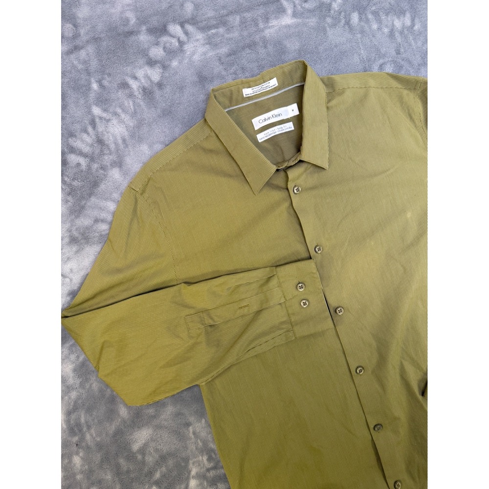 Calvin Klein Mens M Olive Green Micro Stripe Non Iron Body Fit Dress Shirt 0091